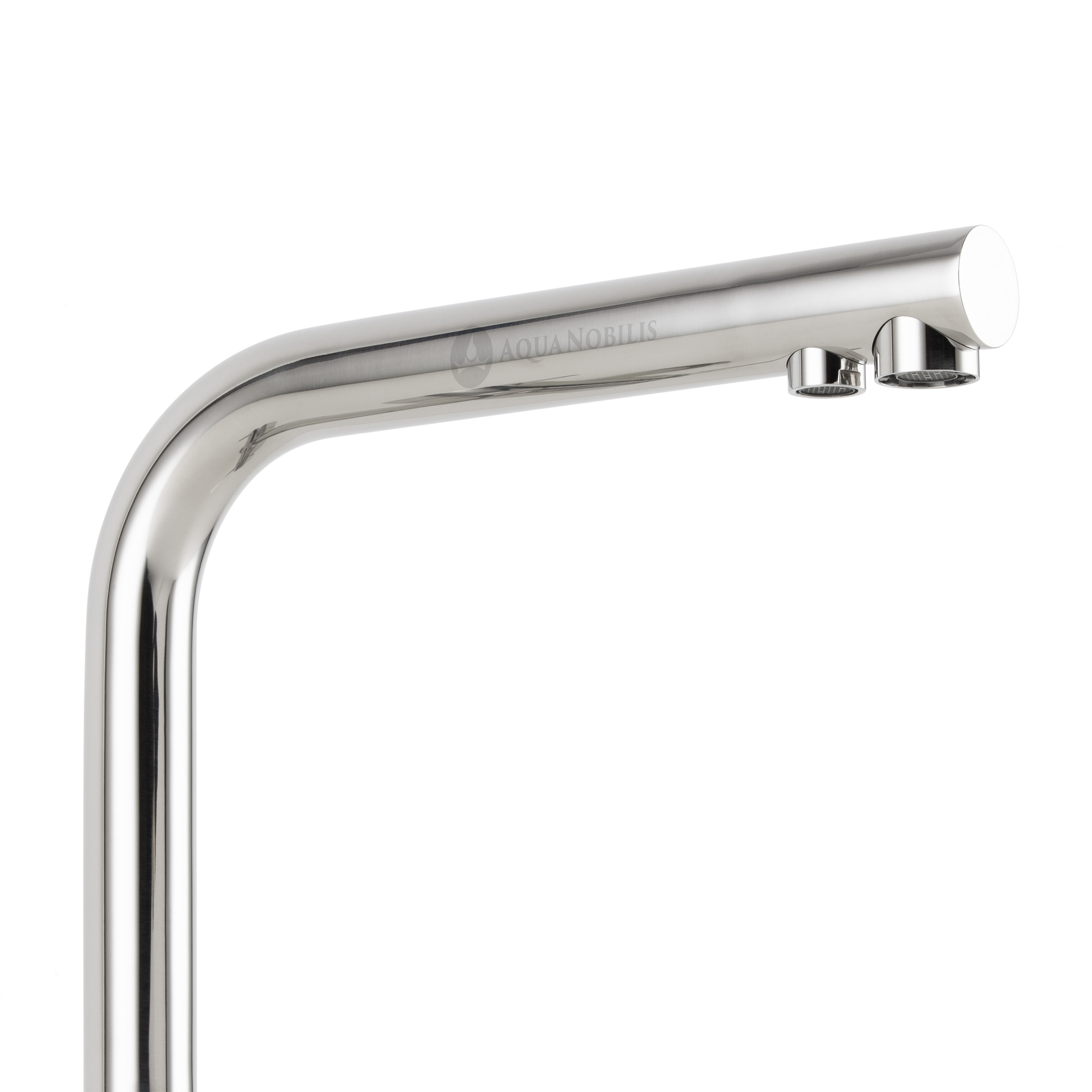 Vizio 3 Wege Edelstahl glänzend Wasserhahn in L-Form Detailansicht Perlator-Auslauf