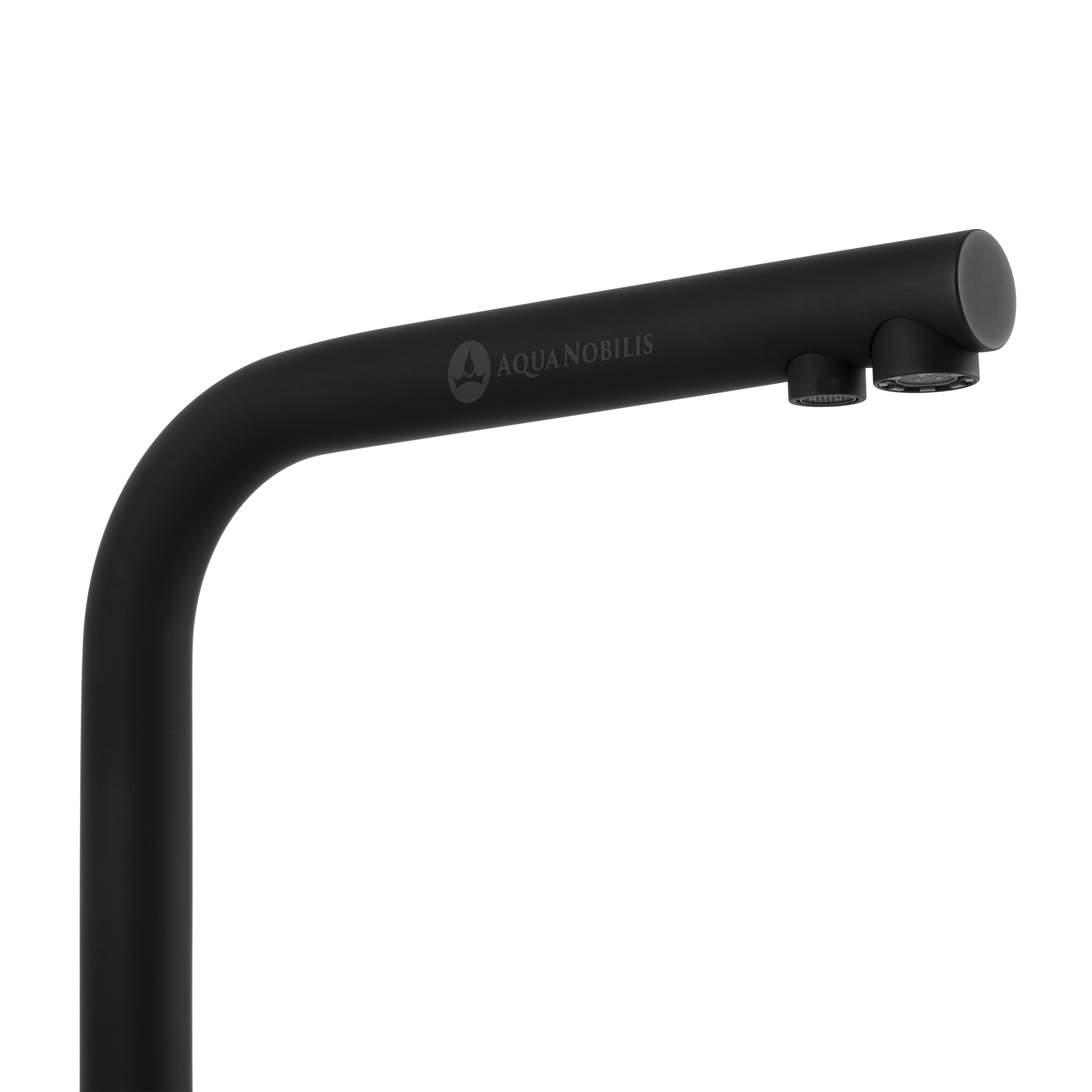 Vizio 3 Wege Edelstahl schwarz Wasserhahn in L-Form Detailansicht Perlator-Auslauf